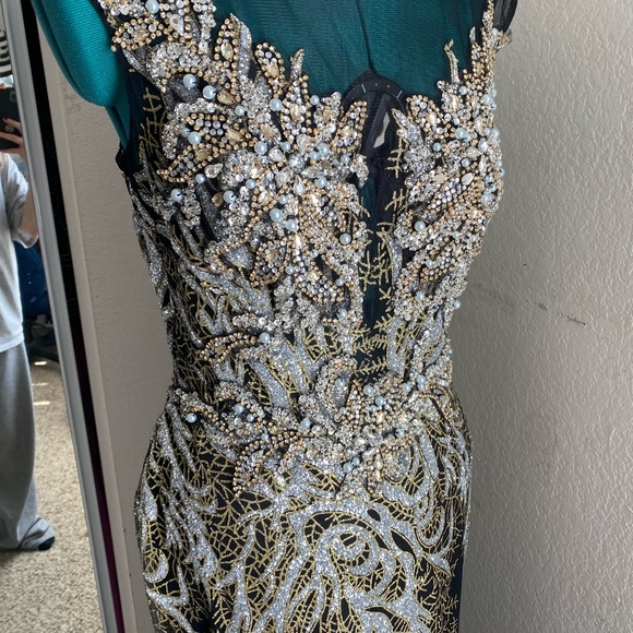 BLACK SILVER GOLD SEQUIN BEADED FORMAL DRESS BY ELIZABETH K SIZE L - Picture 5 of 10